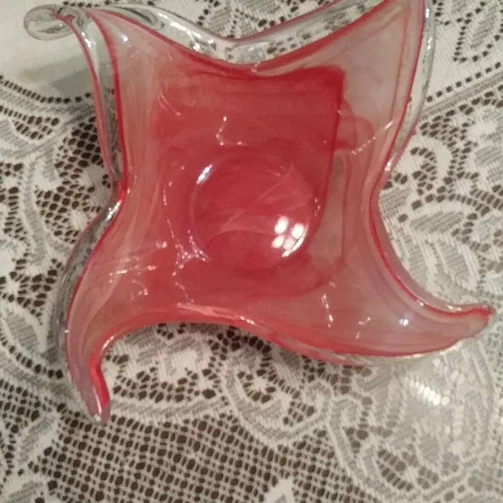 Murano-style art glass wave cranberry/pink bowl with a waffle bottom